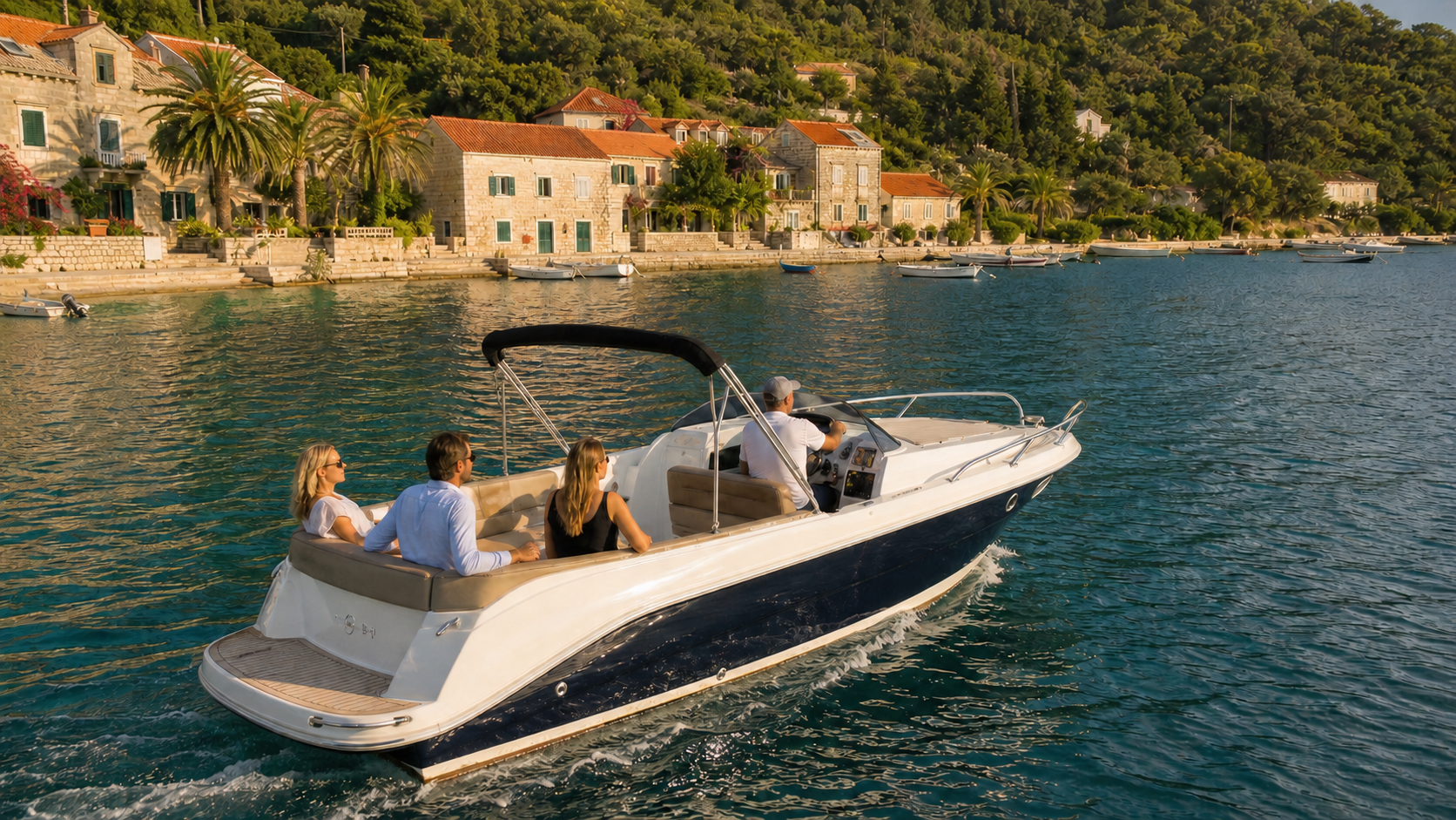 Guests cruising past a waterfront village during a private Elaphiti Islands boat tour
